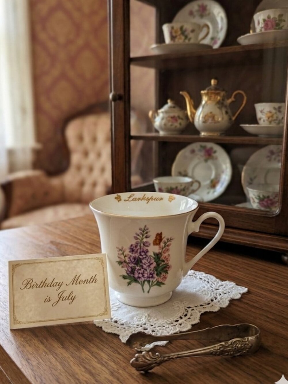 Vintage Larkspur‎ Flower of the Month Tea Cup - July